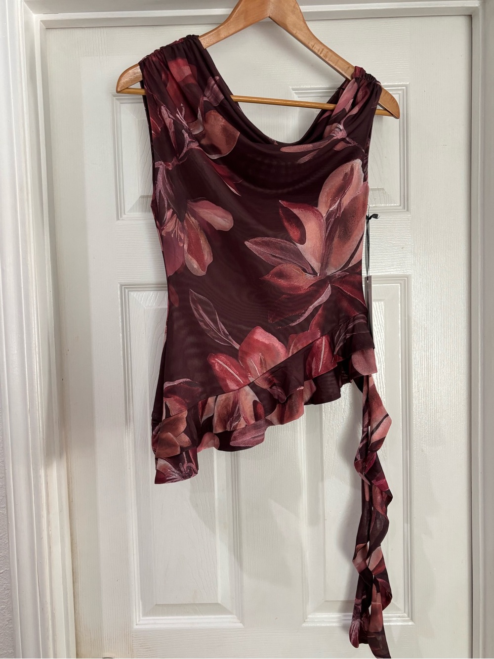 Milk + Honey Burgundy Floral Mesh Asymmetrical Ruffle Top - Medium